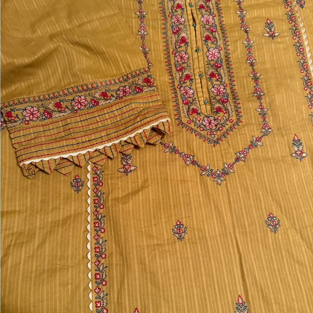 Embroidered Mustard Green Shalwar Qameez
